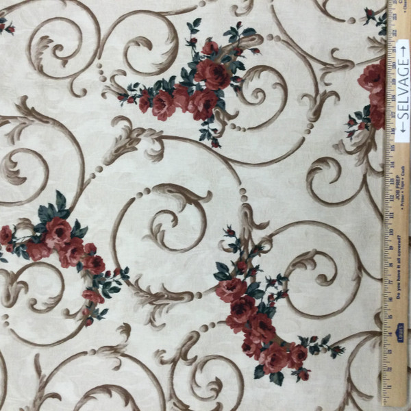 Floral Scrollwork Fabric in Red / Brown / Beige | Home Decor / Drapery | 54" Wide | By the Yard | Palace Scroll in Claret