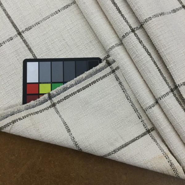 Rustic Basket Weave Fabric | Windowpane Plaid in Brown and Off White | Heavyweight Upholsery | 54" Wide | By the Yard