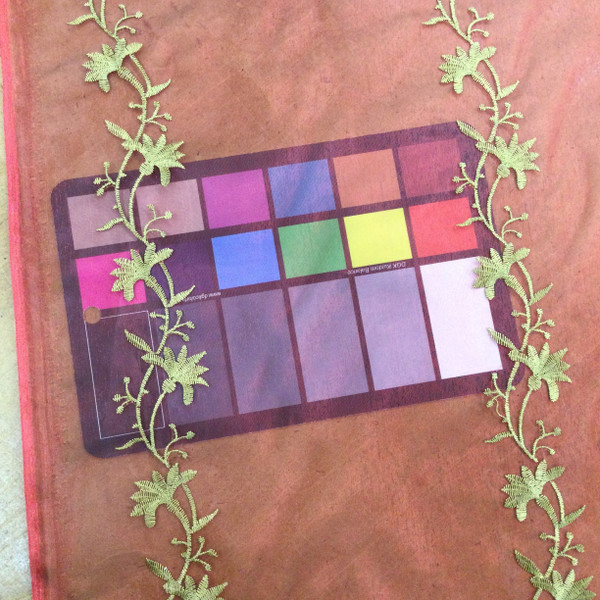 Floral Embroidery in Bronze on Red Sheer Fabric | Drapery / Apparel | 58" Wide | By the Yard