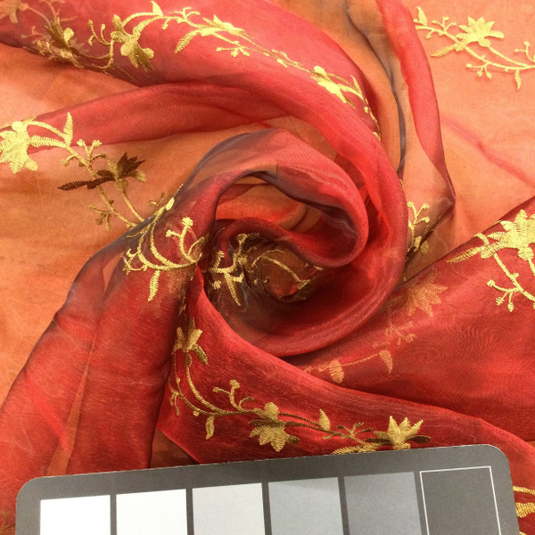 Floral Embroidery in Bronze on Red Sheer Fabric | Drapery / Apparel | 58" Wide | By the Yard