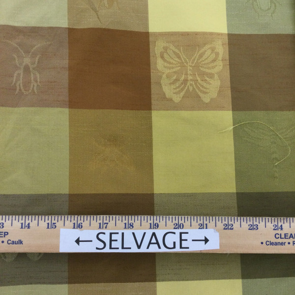 Checked Plaid Fabric with Bug Brocade Design | Yellow / Bronze  | Upholstery / Slipcovers | Medium Weight | 54" Wide | By the Yard