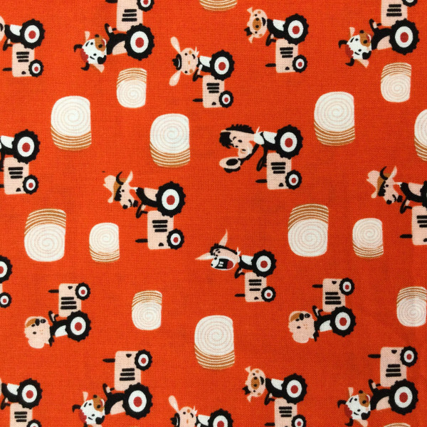 Tractor Donkeys and Goats in Red / Peach / Black | Quilting Fabric | 44" Wide | 100% Cotton | By the yard