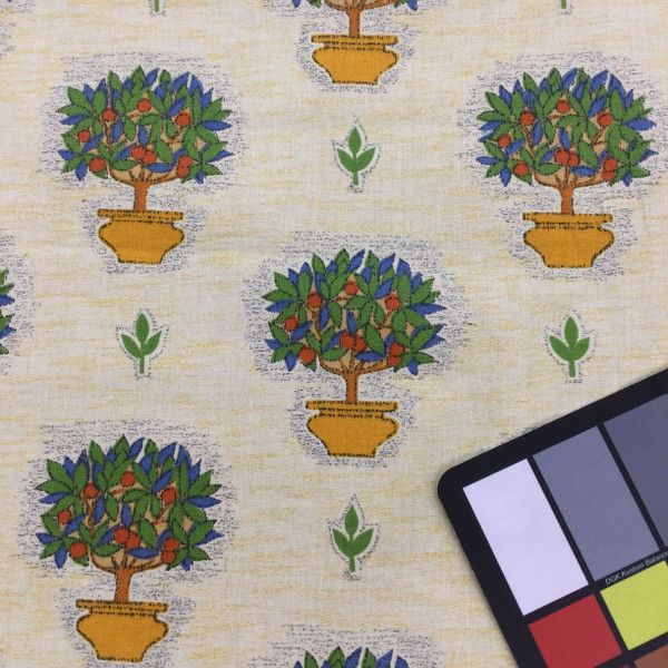 Tuscan Potted Mandarin Tree Printed Fabric in Yellow / Green / Orange / Blue | Upholstery / Curtains | 54" Wide | By the Yard