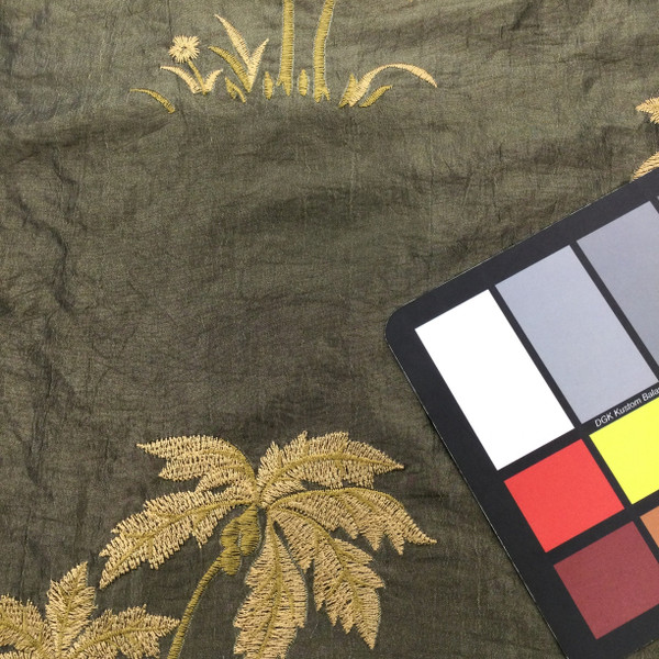 Embroidered Palm Tree Crushed Taffeta Fabric in Dark Green and Light Green | Drapery / Apparel | 54" Wide | By the Yard