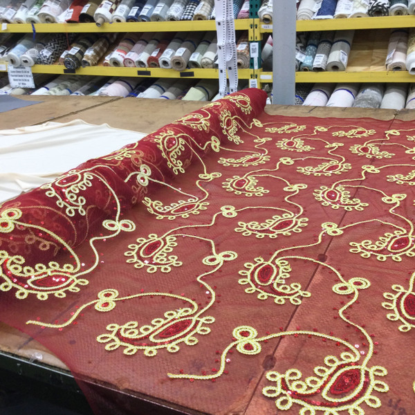Appleque Gold Braid on Ruby Red Mesh Sequined Lace Fabric | Special Occasion | Clothing and Apparel | 60 inch Wide | Sold By the Yard