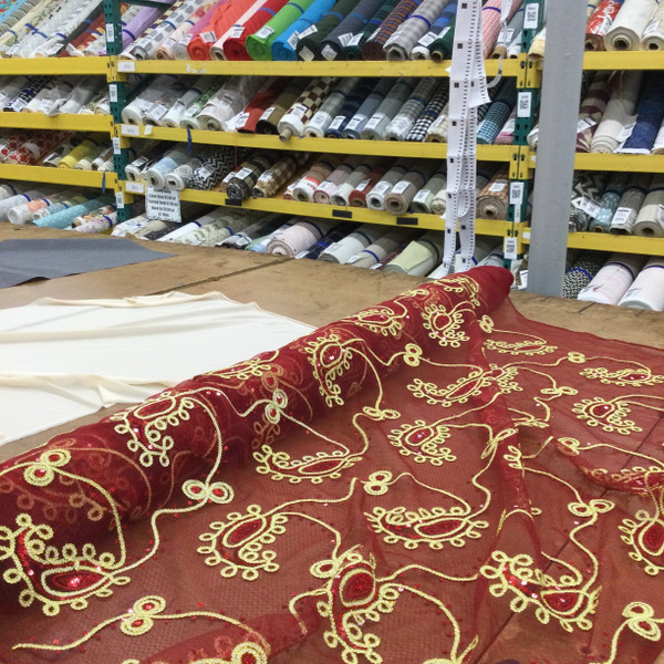 Appleque Gold Braid on Ruby Red Mesh Sequined Lace Fabric | Special Occasion | Clothing and Apparel | 60 inch Wide | Sold By the Yard