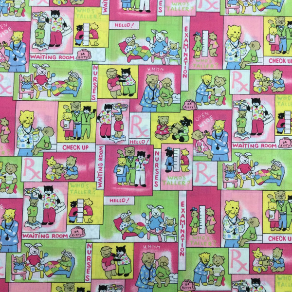 Doctor's Office Animals on Pink Novelty Woven Scrub Fabric | Easy Care Scrub Weight | Poly Cotton Blend | 60 inch Wide | By The Yard