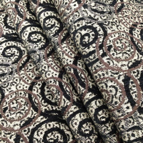 Swirl Design in Black / Brown / Off White | Home Decor Fabric / Upholstery | 100% Polyester | 54" W | By the Yard | Regal Fabrics "Wesley in Blackstone"
