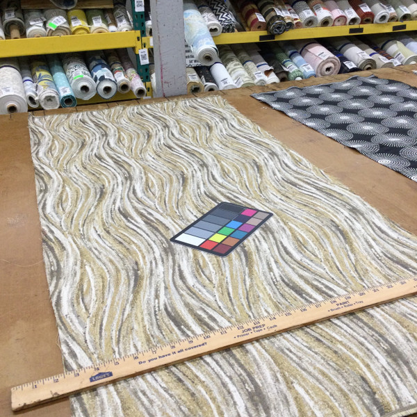 Wavy Design in Taupe / Off White / Gold | Home Decor Fabric / Upholstery | 100% Polyester | 54" W | By the Yard | Regal Fabrics "Flow in Quartz"