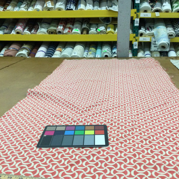 Geometric Fabric in Coral and Off White | Home Decor / Upholstery | 73% Rayon / 27% Polyester | 54" W | By the Yard | Regal Fabrics "Squiggle in Coral"