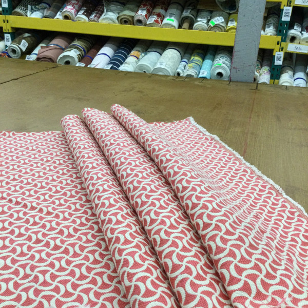 Geometric Fabric in Coral and Off White | Home Decor / Upholstery | 73% Rayon / 27% Polyester | 54" W | By the Yard | Regal Fabrics "Squiggle in Coral"