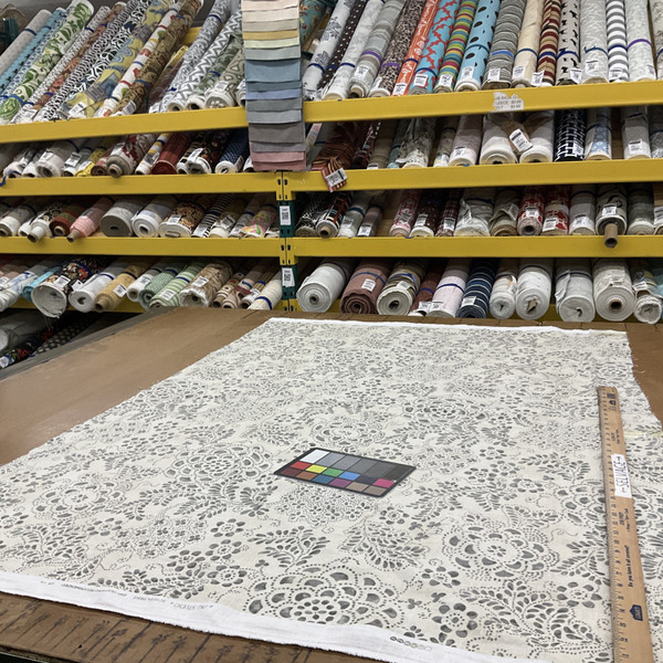 Stenciled Floral Home Decor Fabric | Grey and Off-White | Curtains / Light Upholstery | Linen / Rayon | 54" Wide | By the Yard | PKL Studio "Katazome Garden" in Cinder