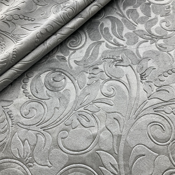 Embossed Velvet Scroll Charcoal | Medium/Heavyweight Velvet Fabric | Home Decor Fabric | 58" Wide