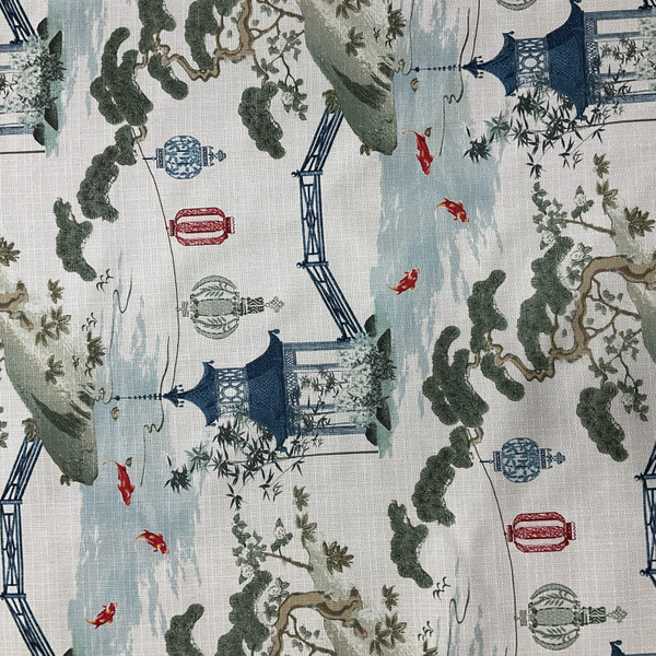 Kirin Asian Lantern Toile Scene Pearl | Medium/Heavyweight Basketweave Fabric | Home Decor Fabric | 56" Wide