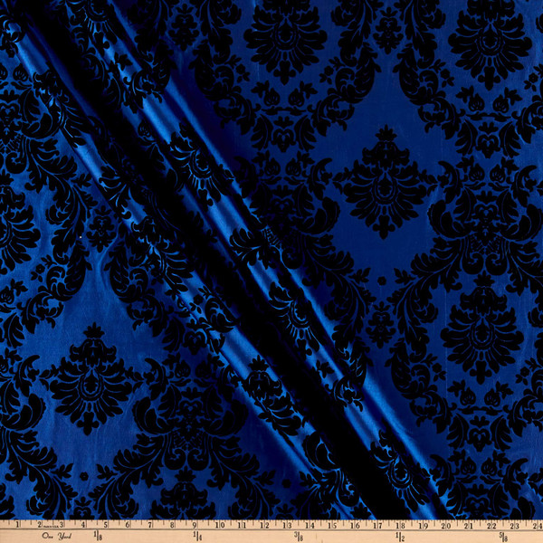 Flocked Damask Taffeta Royal/Black | Very Lightweight Taffeta Fabric | Home Decor Fabric | 58" Wide