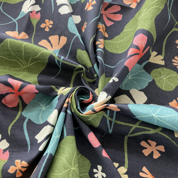 Coal Elana Gabrielle Nasturtiums Basketweave Coal | Medium/Heavyweight Basketweave Fabric | Home Decor Fabric | 54" Wide