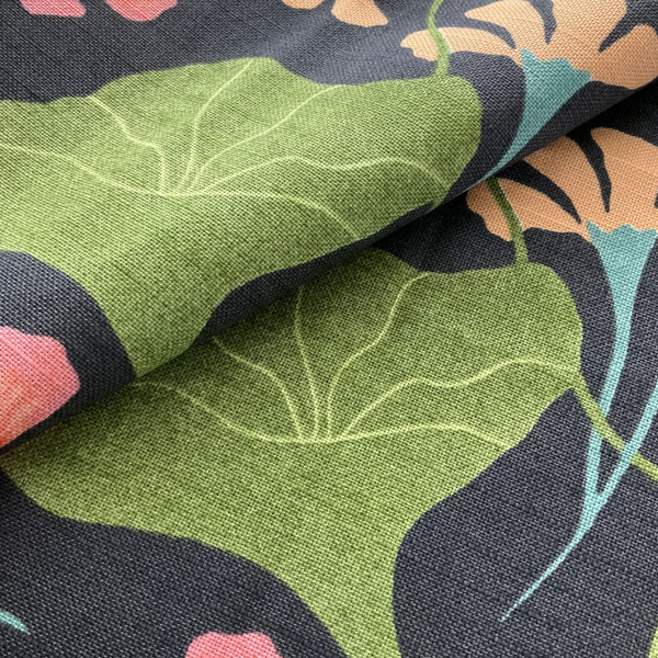 Coal Elana Gabrielle Nasturtiums Basketweave Coal | Medium/Heavyweight Basketweave Fabric | Home Decor Fabric | 54" Wide