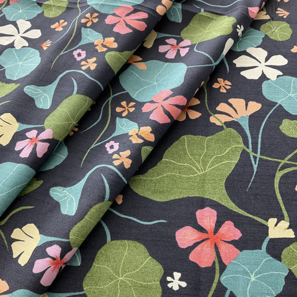 Coal Elana Gabrielle Nasturtiums Basketweave Coal | Medium/Heavyweight Basketweave Fabric | Home Decor Fabric | 54" Wide