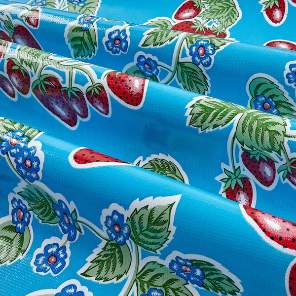 Oilcloth Strawberries Blue | Heavyweight Oilcloth Fabric | Home Decor Fabric | 47" Wide