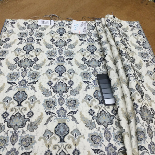 4 Yard Piece of Grand Palace in Indigo |  Upholstery & Heavy Curtain Fabric | Jacquard Floral in Blue / Cream / Taupe | 54 wide | By The Yard