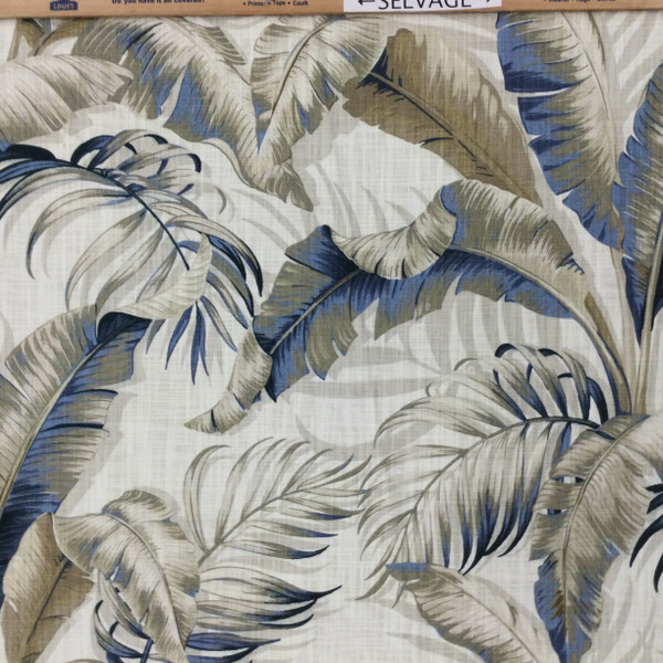 1 Yard Piece of Tropical Palm Leaves Home Decor Fabric | Off White / Blue / Taupe | Upholstery / Drapery | 54" Wide | By the Yard |  Palmiers in Riptide