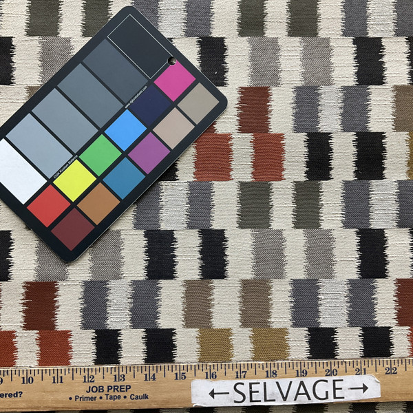 Dahra in Caviar | Jacquard Upholstery Fabric | Color-blocked Ikat in Beige, Gray, Orange, Brown | 54" Wide | By the Yard (Same as SKU: UPSCK-938)