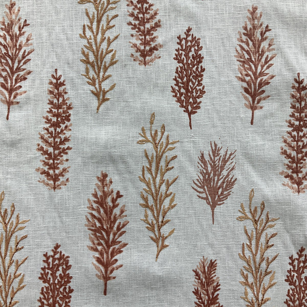 Woodlands in Adobe | Embroidered Drapery Fabric | Foliage in Coral Red | Medium Weight | 54" Wide | By The Yard