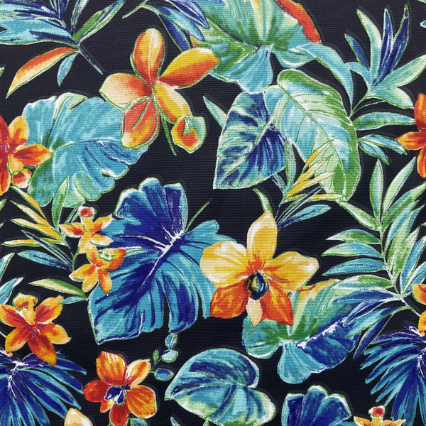 Solarium Beachcrest in Caviar | OUTDOOR Home Decor Fabric | Tropical Floral in Blue / Orange / Black | Richloom | Medium Weight | 54" Wide | By the Yard