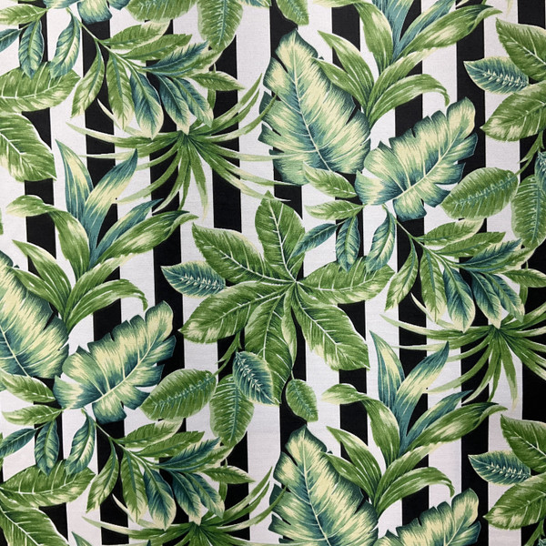Solarium Freemont in Palmetto | OUTDOOR Home Decor Fabric | Stripes with Leave Black / White / Green | Richloom | Medium Weight | 54" Wide | By the Yard (Also sku FDC0123-0599515)