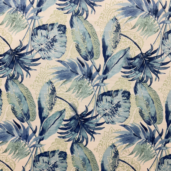 Solarium Tacorian in Turquoise | OUTDOOR Home Decor Fabric | Tropical Leaves in Blue / Green | Richloom | Medium Weight | 54" Wide | By the Yard