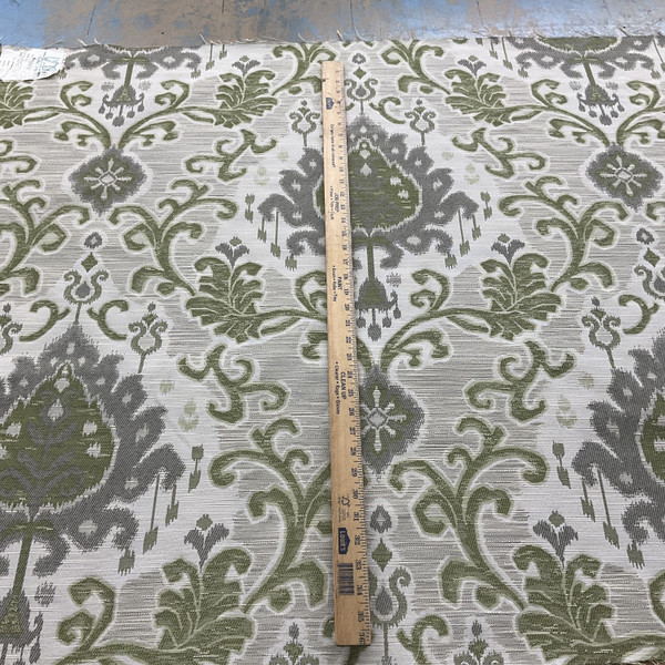 Kendra in Sweet Pea |  Upholstery Fabric | Green / Grey / Off White | Large Scale Damask Jacquard | 54" Wide | By the Yard