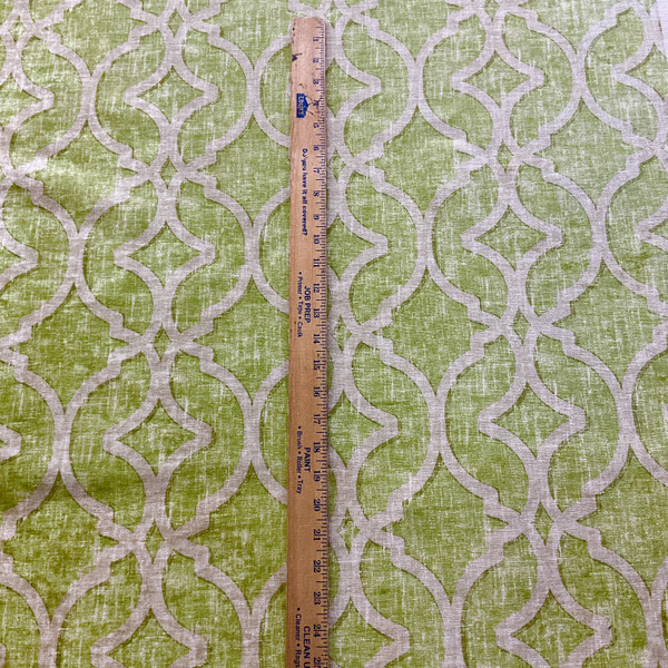 Nuri in Pistachio | Printed Chenille Upholstery Fabric | Lime Green Off White Lattice | Kaufmann | 54" Wide | By the Yard