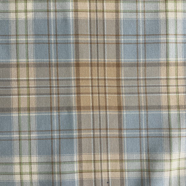 Quincy in Smog | Tartan Plaid Twill  Fabric in  Muted Sky Blue, Golden Tan with Green  | Midweight Home Decor Fabric | Cotton Blend  | Marlatex | 54" Wide | BTY