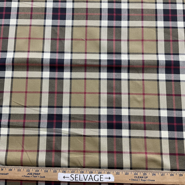 Glasgow  in Acorn | Tartan Plaid Fabric in Dark Mustard, Black, Red  |  Midweight Home Decor Fabric |  Cotton Blend Twill | Marlatex | 54" Wide | BTY