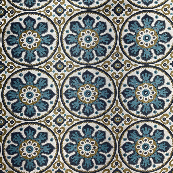 Petra in Capri | Upholstery Fabric | Medallion in Turquoise / Navy / Gold / White | 100% Polyester  |  Heavy weight |  54" Wide | Sold BTY