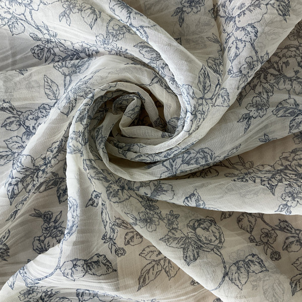 Floral Botanical Print Sheer Mesh Fabric | Navy Blue on Off White | Apparel / Scarves | Very Lightweight | 60" Wide | By the Yard