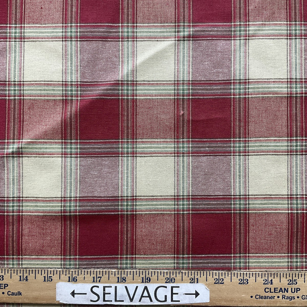 Chancellor in Radish | Tartan Plaid Twill Fabric in Red, Tan with Green   | Midweight Home Decor Fabric | Cotton Blend  | Marlatex | 54" Wide | BTY