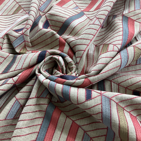 Flagship in American | Embroidered Home Decor Fabric | Geometric Red / Grey / Oatmeal | Waverly | 54" Wide | Sold By the Yard