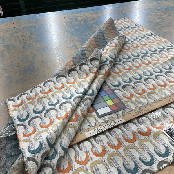 Crescent Geo in Multi | Jacquard Upholstery Fabric | Orange / Blue / Grey | Heavy Weight | 54" Wide | By the Yard
