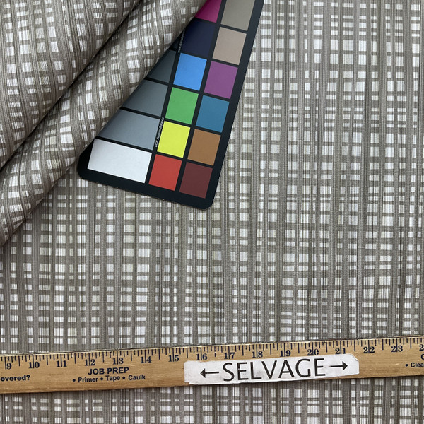 Wander in Flannel |  Upholstery Vinyl Fabric | Plaid Design in Taupe | High Performance  | Knit back |  Heavyweight | 54 Inch WIde | Sold BTY