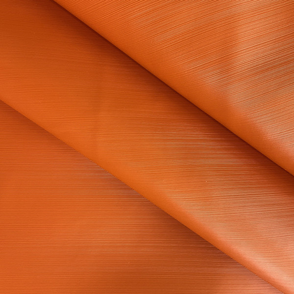 Lightspeed in Orange | Warm Orange Glossy Lined Texture Faux Leather Upholstery Vinyl Fabric | Midweight | Indoor Furniture | Felt Backed |  54 Wide | Sold BTY