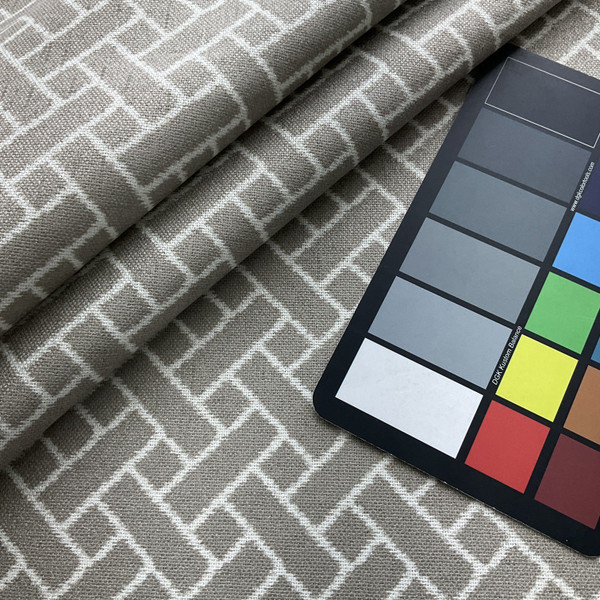 Skycap in Taupe | Upholstery Fabric | Printed Geometric Design in Taupe / White | Felt-Backed | Heavyweight | 54" Wide | By the Yard