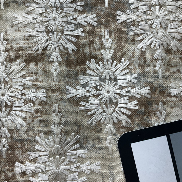 Asterisk in Driftwood | Home Decor Fabric | Embroidery on Mottled Background | Tan / Brown / Grey / Off White  | P/K Lifestyles | Medium Weight | 54" Wide | By the Yard