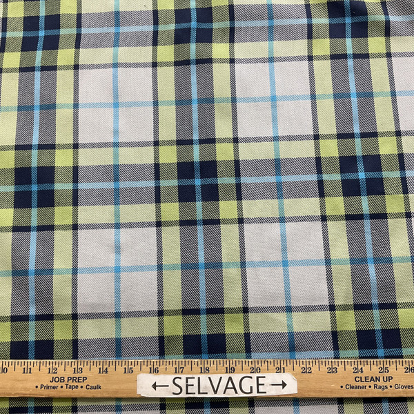 Glasgow in Kiwi | Tartan Plaid Fabric in Blue, Green, Grey  |  Midweight Home Decor Fabric |  Cotton Blend Twill | Marlatex | 54" Wide | BTY