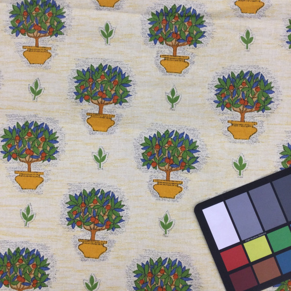 3 Yard Piece of Tuscan Potted Mandarin Tree Printed Fabric in Yellow / Green / Orange / Blue | Upholstery / Curtains | 54" Wide | By the Yard