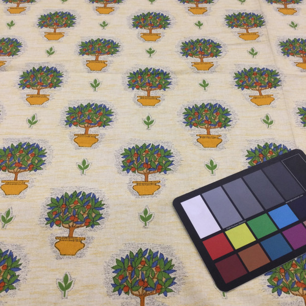 3 Yard Piece of Tuscan Potted Mandarin Tree Printed Fabric in Yellow / Green / Orange / Blue | Upholstery / Curtains | 54" Wide | By the Yard