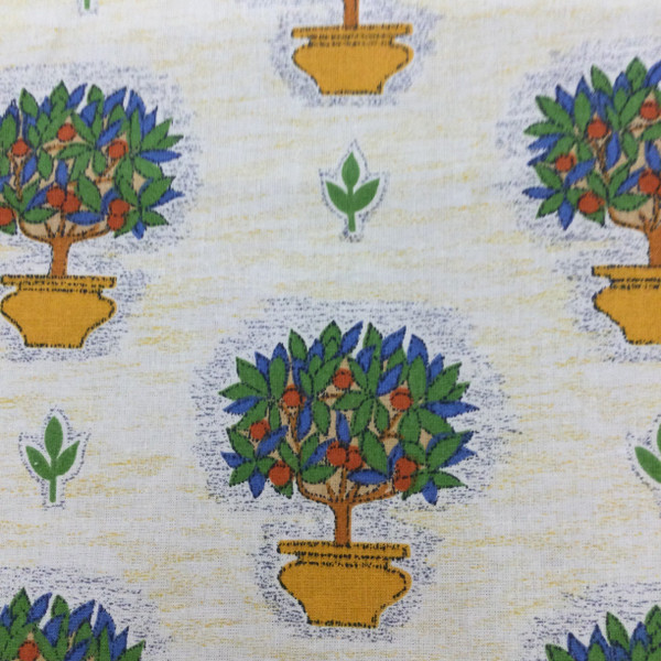 3 Yard Piece of Tuscan Potted Mandarin Tree Printed Fabric in Yellow / Green / Orange / Blue | Upholstery / Curtains | 54" Wide | By the Yard