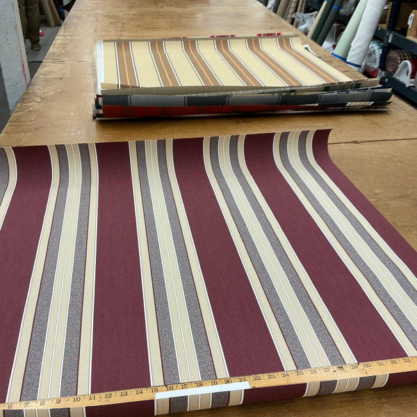 Recacril Bara Stripe R-430 Burgundy Red / Tan / Green / Blue / White | Waterproof Awning & Marine Canvas | 100% Solution Dyed Acrylic | 47" Wide | By the Yard
