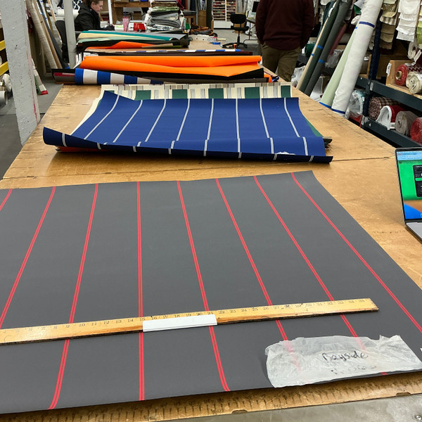 Recacril Bayside Stripe R-063 Grey / Red  | Waterproof Awning & Marine Canvas | 100% Solution Dyed Acrylic | 47" Wide | By the Yard