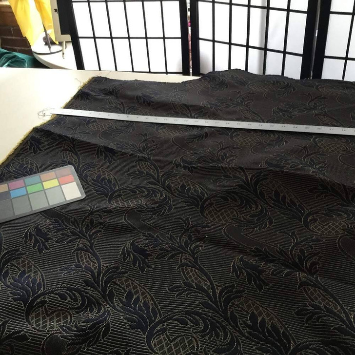 Stylized Leaves with Stripes in Navy Blue and Yellow | Upholstery Fabric | 62 W